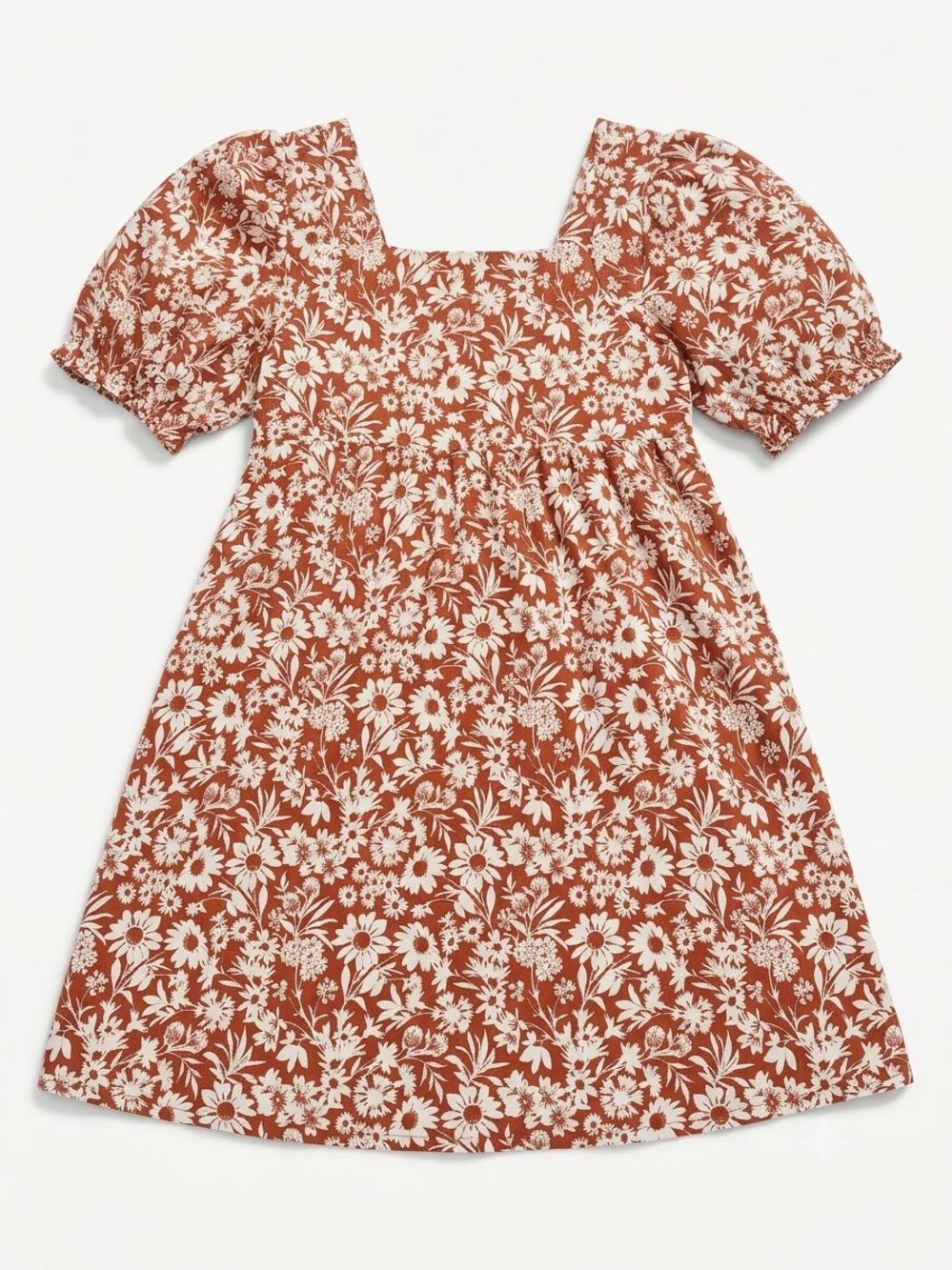 Girls Square-Neck Puff-Sleeve Floral Dress in Rust and Cream